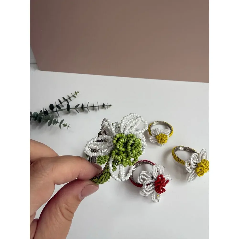 PIER 1 Beaded Daisy Napkin Rings Set of 6 | Floral Spring Summer Table Decor